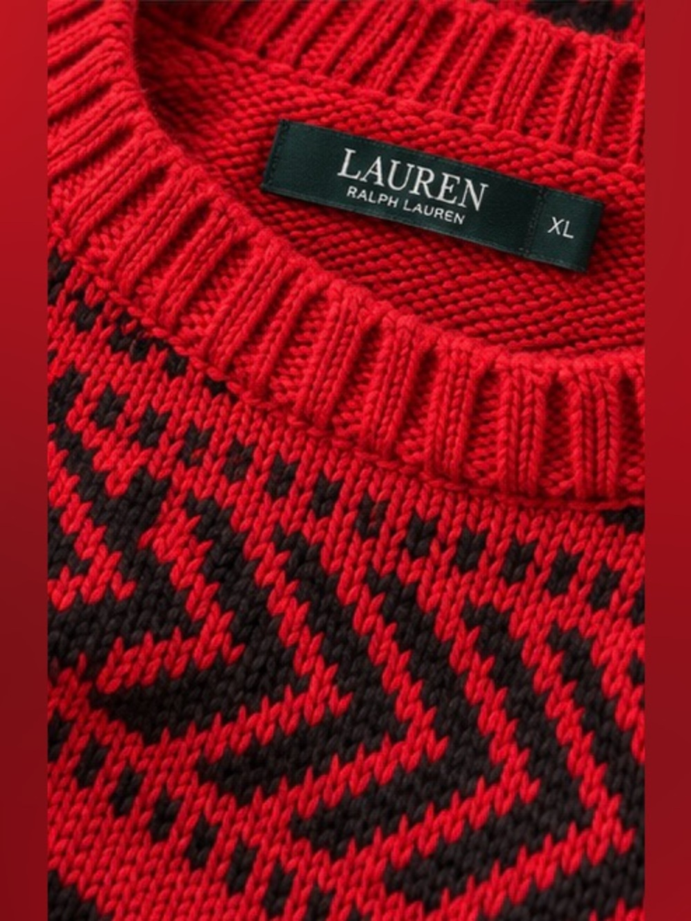 Lauren Ralph Lauren XL Red Black Fair Isle Sweater Wool Blend Holiday Nordic Pul - Picture 3 of 8